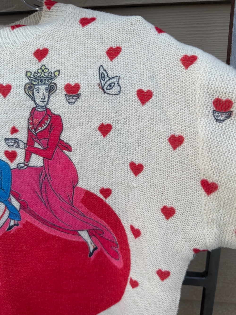 Art to Wear Whimsical Cream Sweater w/Red ❤️& ☕️ fun- Soft Unknown Brand - Picture 6 of 11